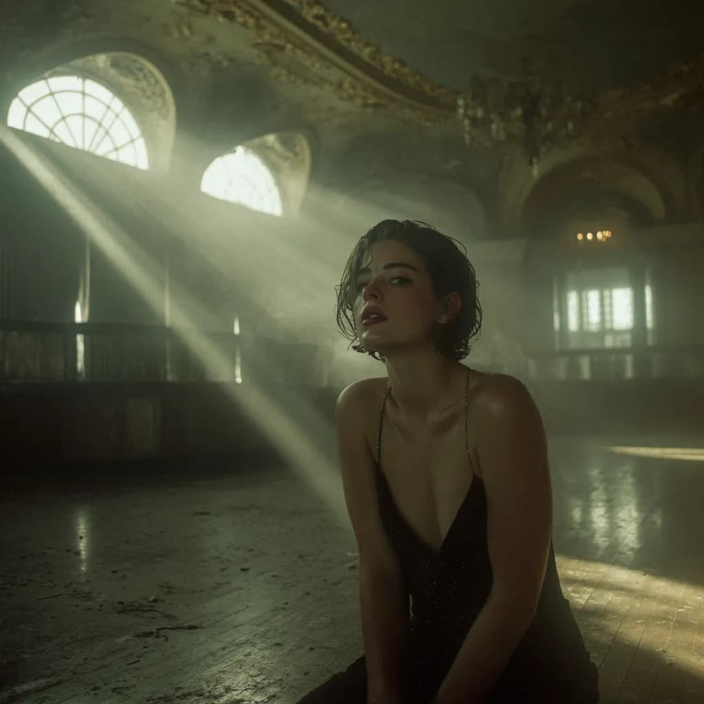 Cinematic portrait in an abandoned ballroom